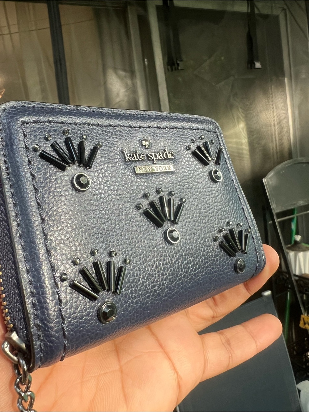 kate spade navy jeweled pebbled leather zip wallet